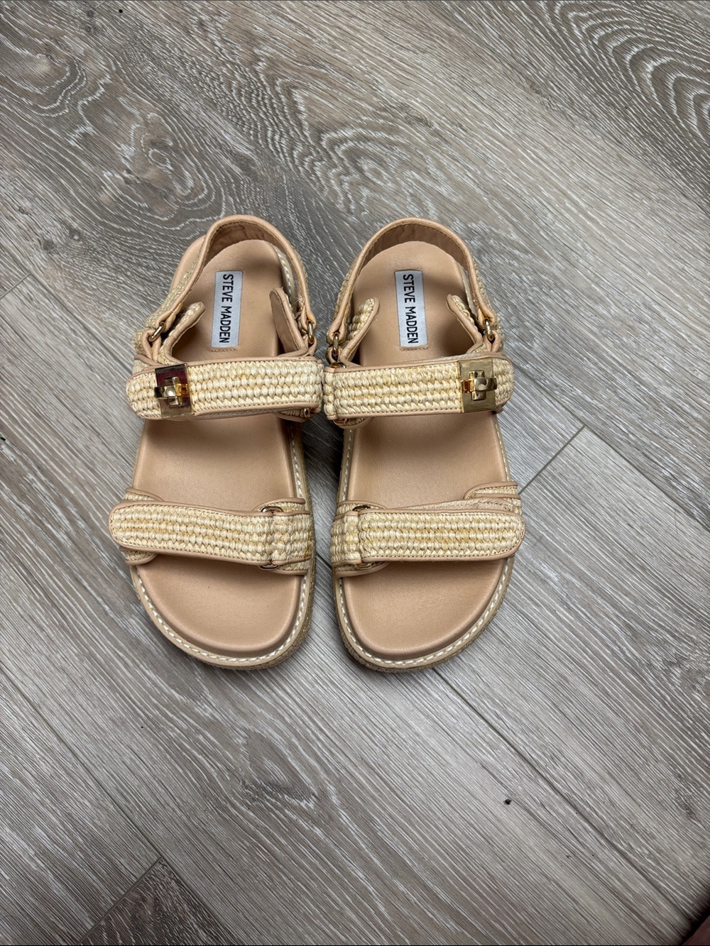 Steve Madden Women’s Big Mona Beige Braided Strap Sandals with Gold Buckles
